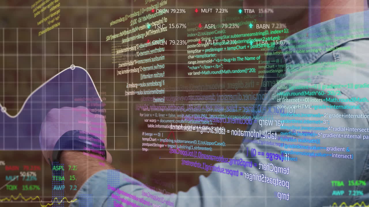 Analyzing digital graphs, business professional using smartwatch with code overlay