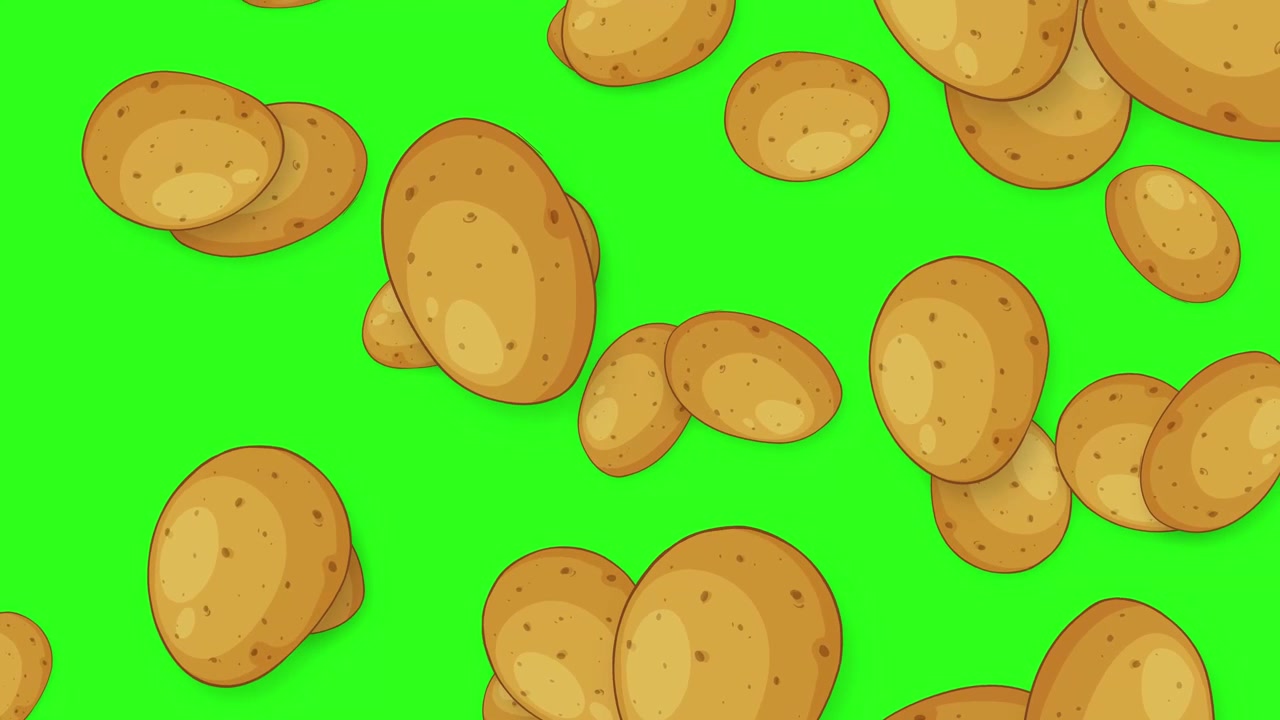 Cartoon style whole potatoes fall vertically against a vibrant green screen background.
