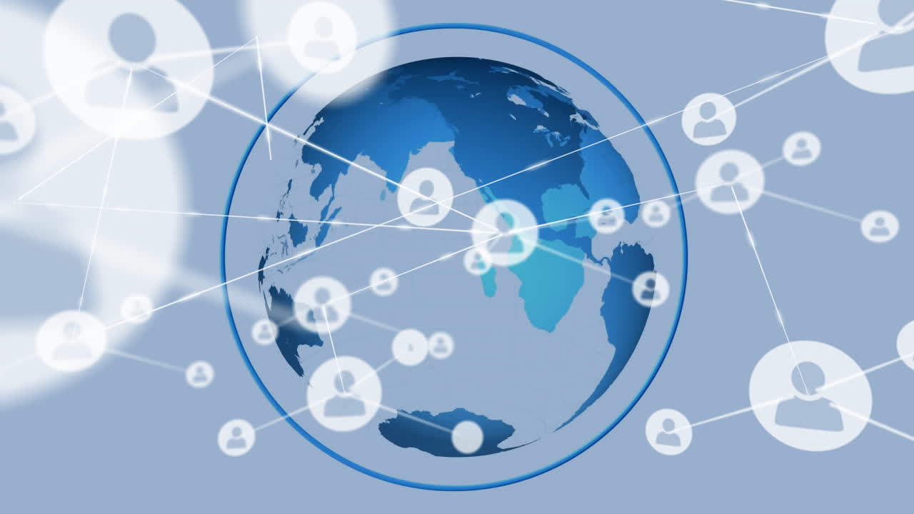 파란색 바탕에 전 세계에 있는 아이콘으로 연결된 네트워크의 애니메이션