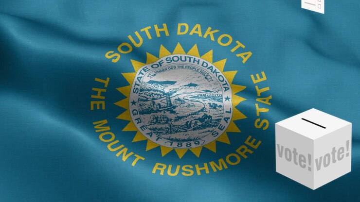 State of South Dakota - Ballots fly to box for South Dakota selection - Ballot box in front of flag - Election - Vote - National flag South Dakota State wave Pattern loopable Elements - Fabric texture and endless loop - South Dakota State Loopable Flag