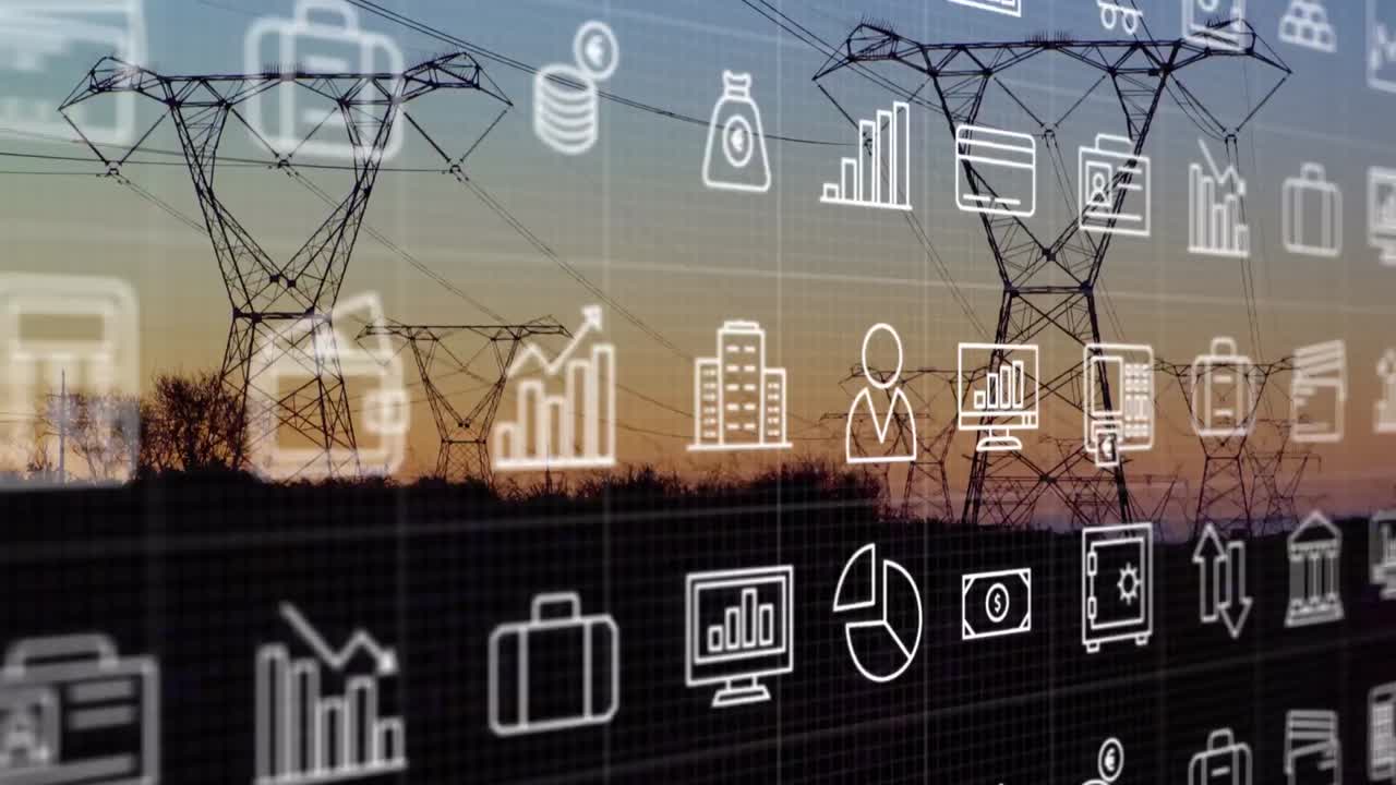 Animation of falling icons map over overhead power lines
