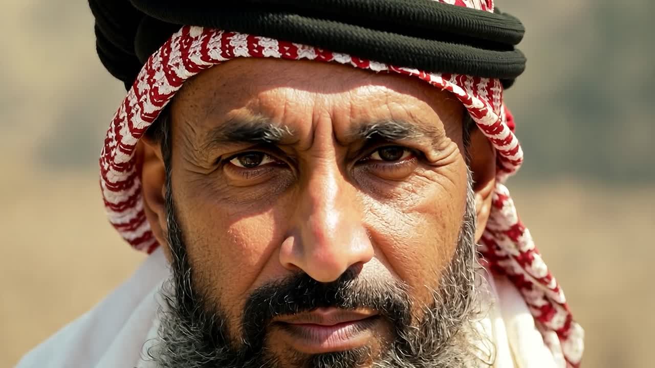 Portrait of a Middle Eastern man with a beard and turban.