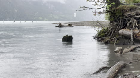 relaxation at walensee lake shore as raindrops cause water ripples