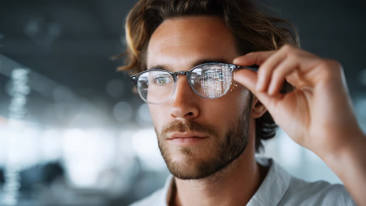 A contemplative man with stylish glasses thoughtfully gazes into the distance, reflecting on his surroundings in a modern office environment, capturing a moment of clarity and introspection amidst the blur of daily life
