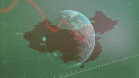 animation of financial data processing over globe and map of china