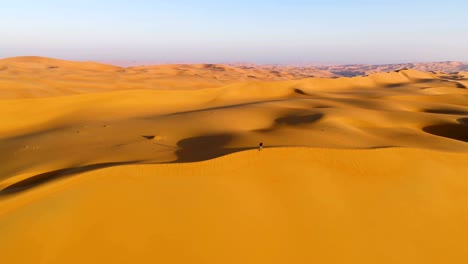 aerial view of a man standing on the edge of dunes, u.a.e.