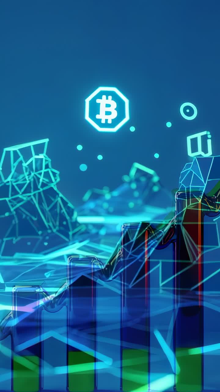 Vertical video: Initializing 3D bar chart rising on digital grid, with Bitcoin logo showing growth