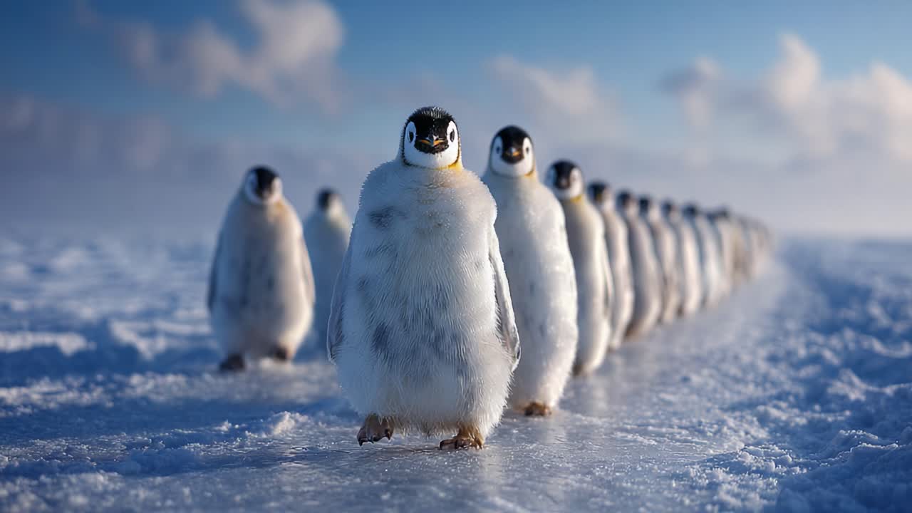 A Charming Line of Penguin Chicks Marching Across the Icy Landscape, Showcasing Their Unique Characteristics and Playful Nature in a Stunning Arctic Setting