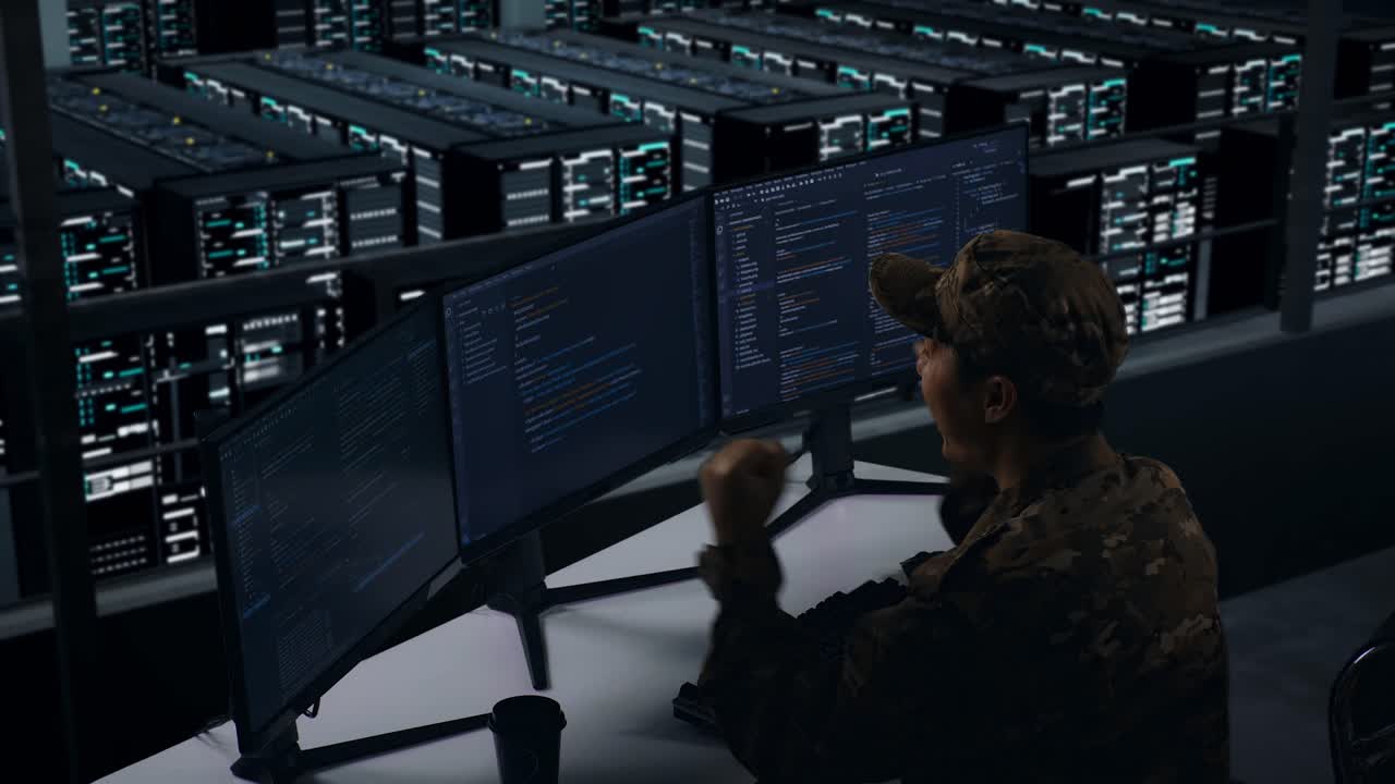 Side View Of Happy Asian Military Celebrating And Dancing While Write Code With Multiple Computer Screens In Data Center