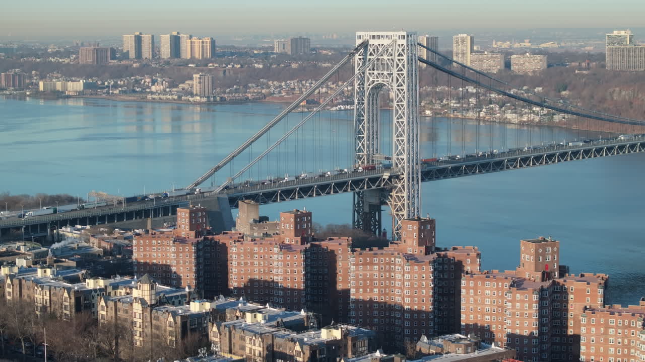 Aerial view of the George Washington Bridge. Shot along The Hudson River in Washington Heights.