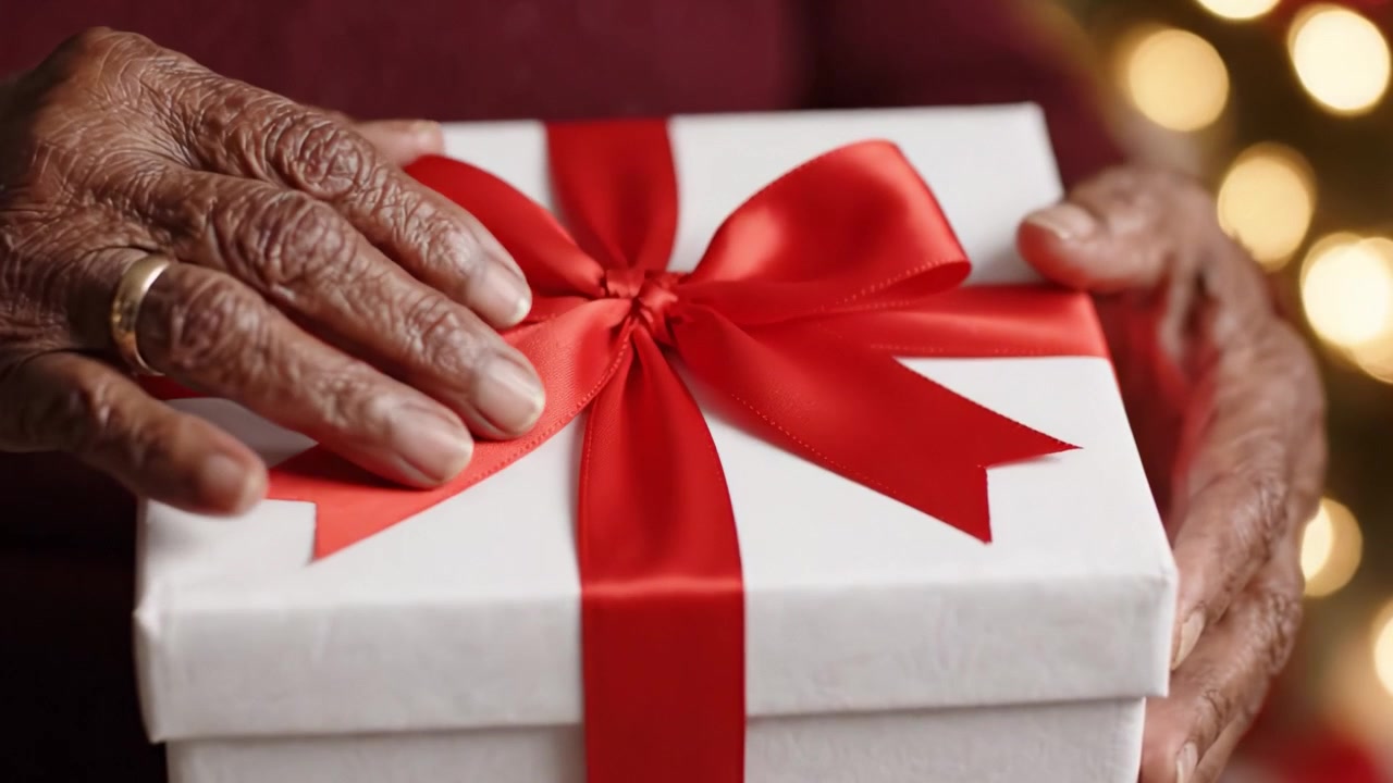 A Festive Moment Captured: An Elderly Individual Holding a Beautifully Wrapped Gift with a Red Bow, Surrounded by Soft Holiday Lights