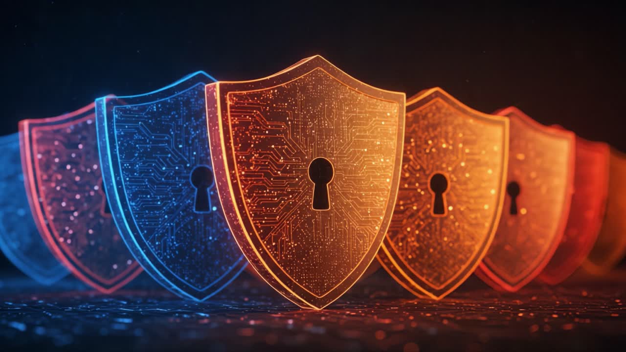 Visually Striking Concept of Cybersecurity Featuring Colorful Digital Shields with Lock Icons, Representing Protection and Data Security in a Modern Digital Landscape