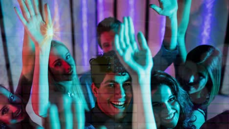 composition of group of caucasian female and male people dancing at disco