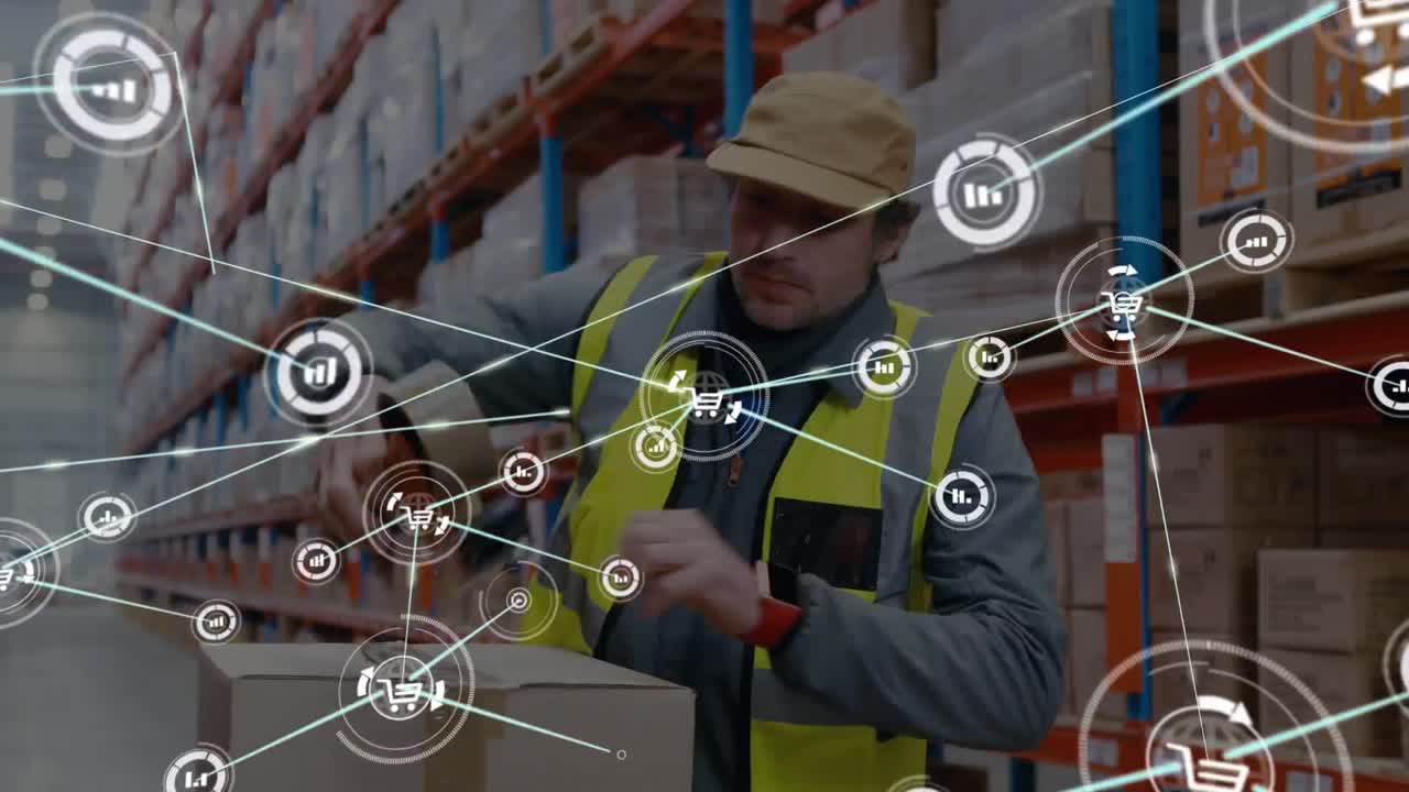 Network of digital icons against caucasian male worker packing boxes at warehouse