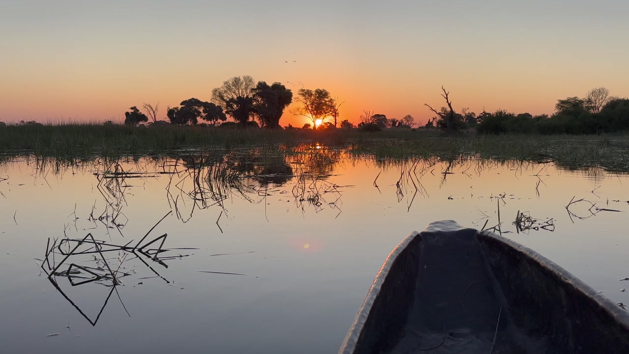 Sunset view from a mokoro boat in the Okavango Delta. Botswana.