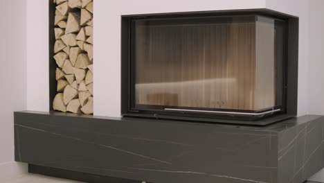 luxurious modern design fireplace burning firewood, door with fire resistant glass window. modern stylish fireplace and a special shelf for firewood