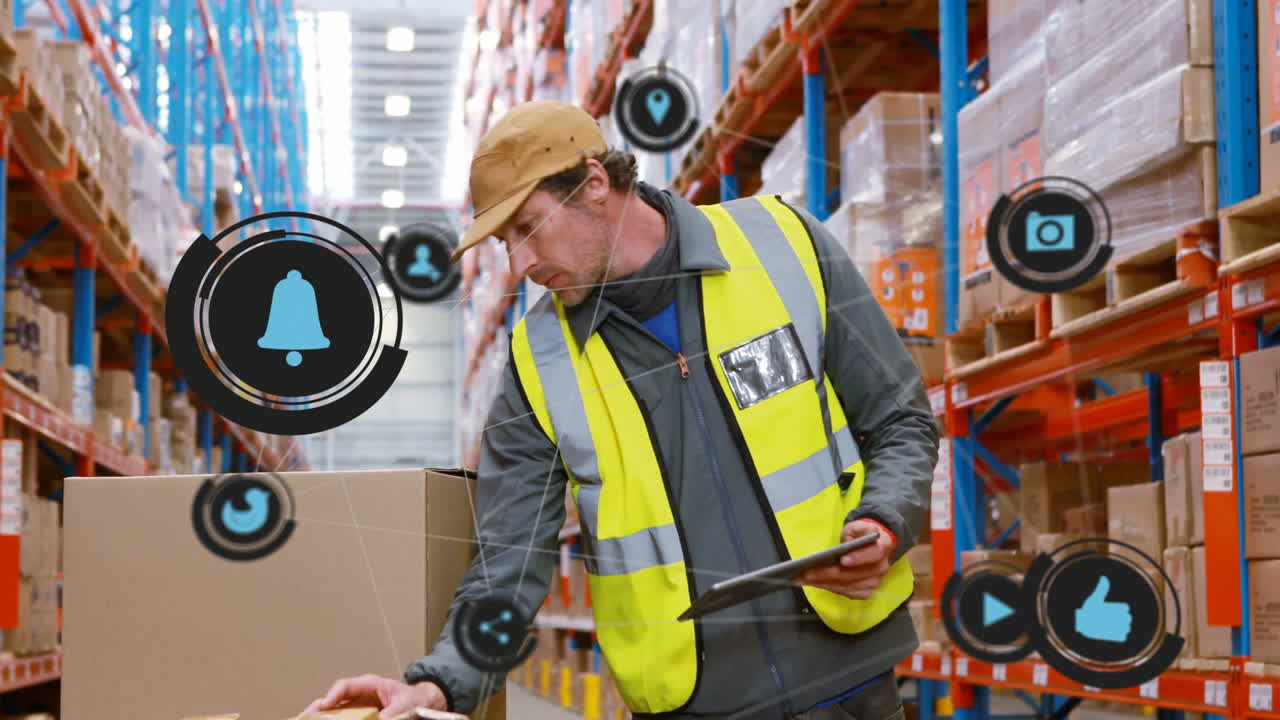 Using tablet with animation icons, warehouse worker managing logistics operations