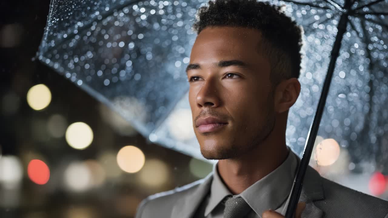 A Thoughtful Moment Under the Rain: A Well-Dressed Individual Holding an Umbrella Gazes Reflectively into the Distance, Capturing the Serenity and Beauty of a Rainy Night Amidst City Lights
