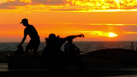skateboarders at sunset beach skatepark