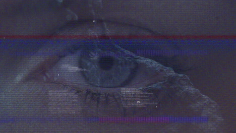 animation of screen with glitch and diverse data over dna chain with female eye in background