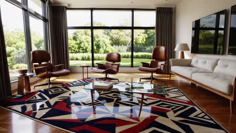 modern living room with eames lounge chairs and geometric rug