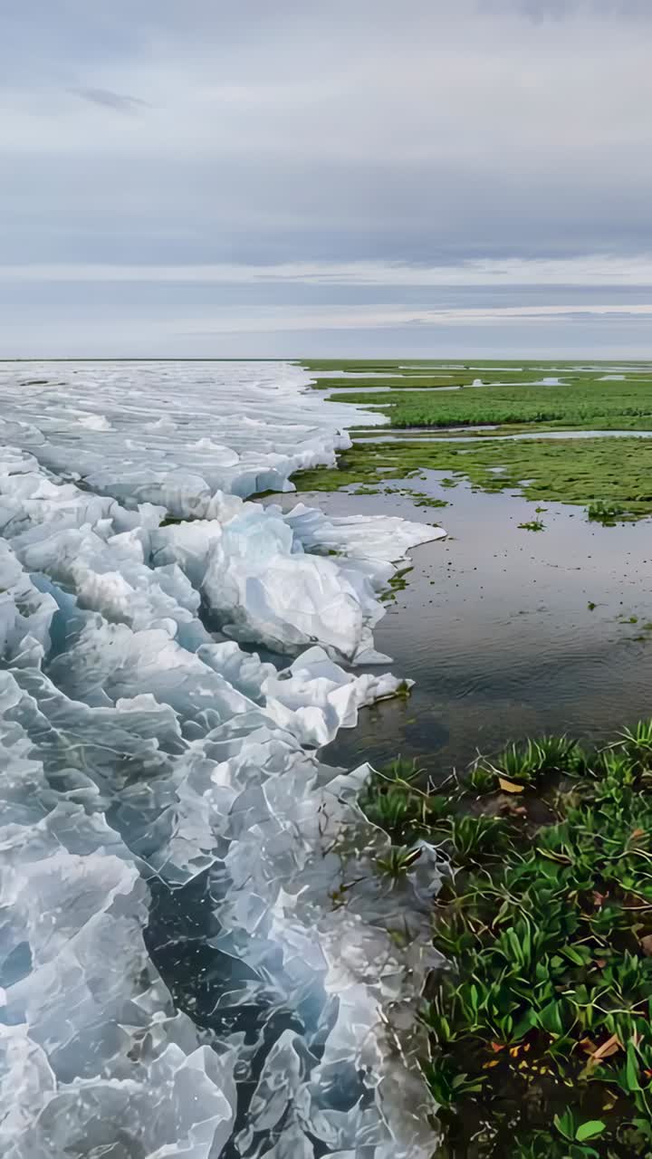 Vertical video: Fracturing sheet ice retreating in coastal marsh, drifting vegetation, copy space