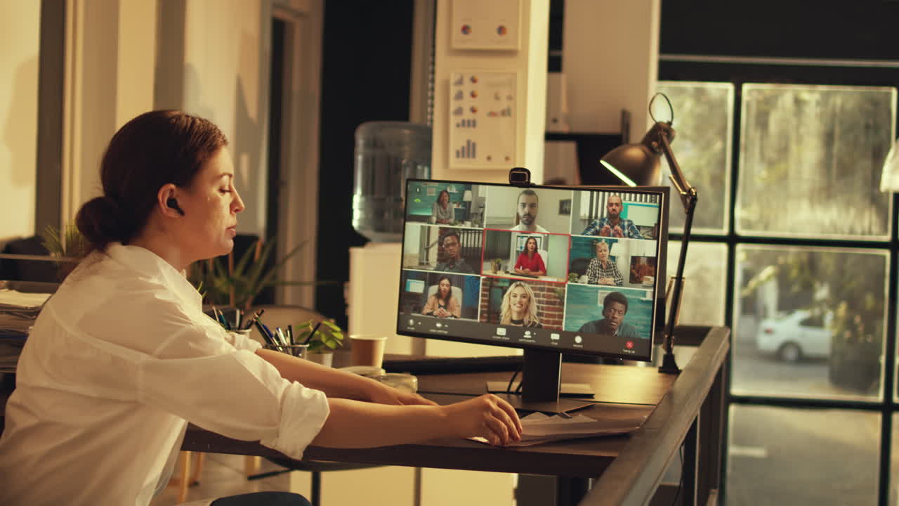 Employee attending online conference meeting on webcam