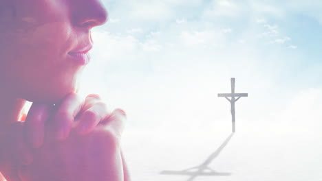 praying person with clasped hands, cross casting shadow in background animation