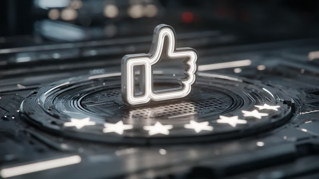 A Neon-Lit Thumbs-Up Sign Gleams on a High-Tech Surface Surrounded by Stars, Emphasizing Approval and Positivity in Modern Digital Culture