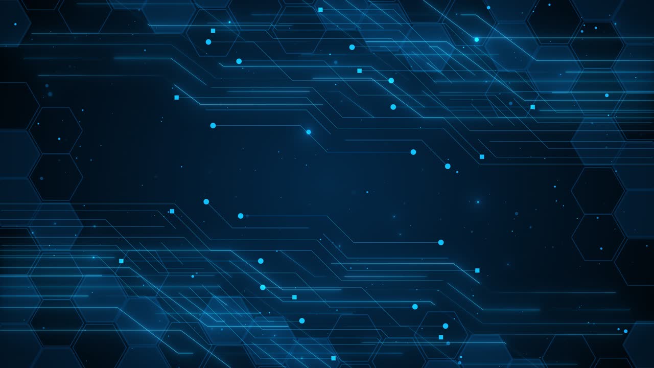 Abstract Blue Digital Technology Background with Circuit Lines and Hexagons