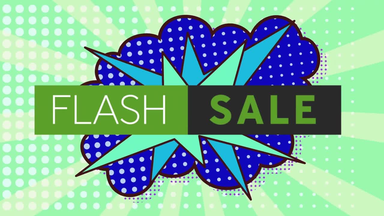 녹색 배경에 레트로 음성 거품 위에 플래시 판매 텍스트의 애니메이션