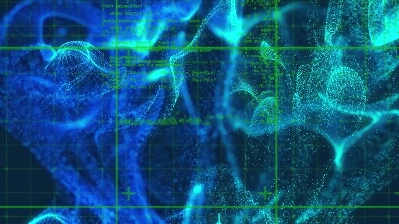 Animation of grid pattern, computer language over illuminated abstract pattern on black background