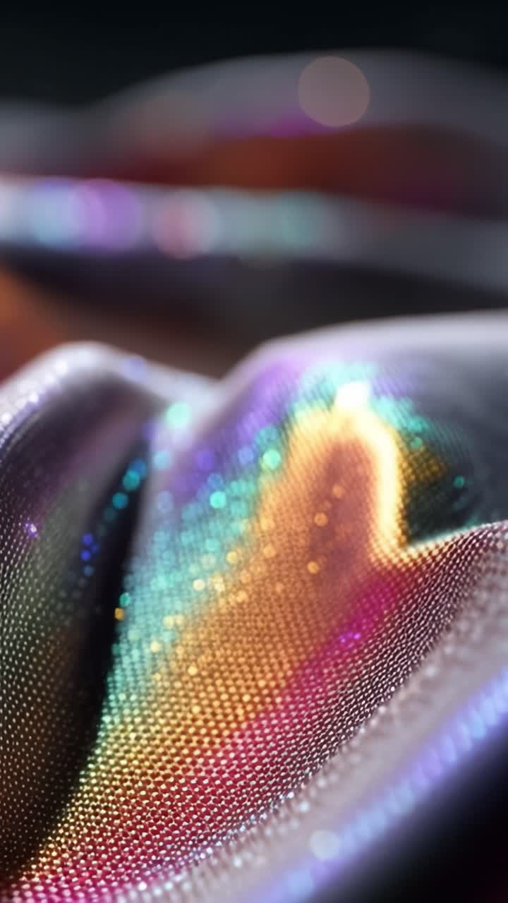 Un primo piano accattivante di texture scintillanti che rivela una superficie multicolore con riflessi iridescenti e motivi intricati che brillano sotto la luce.