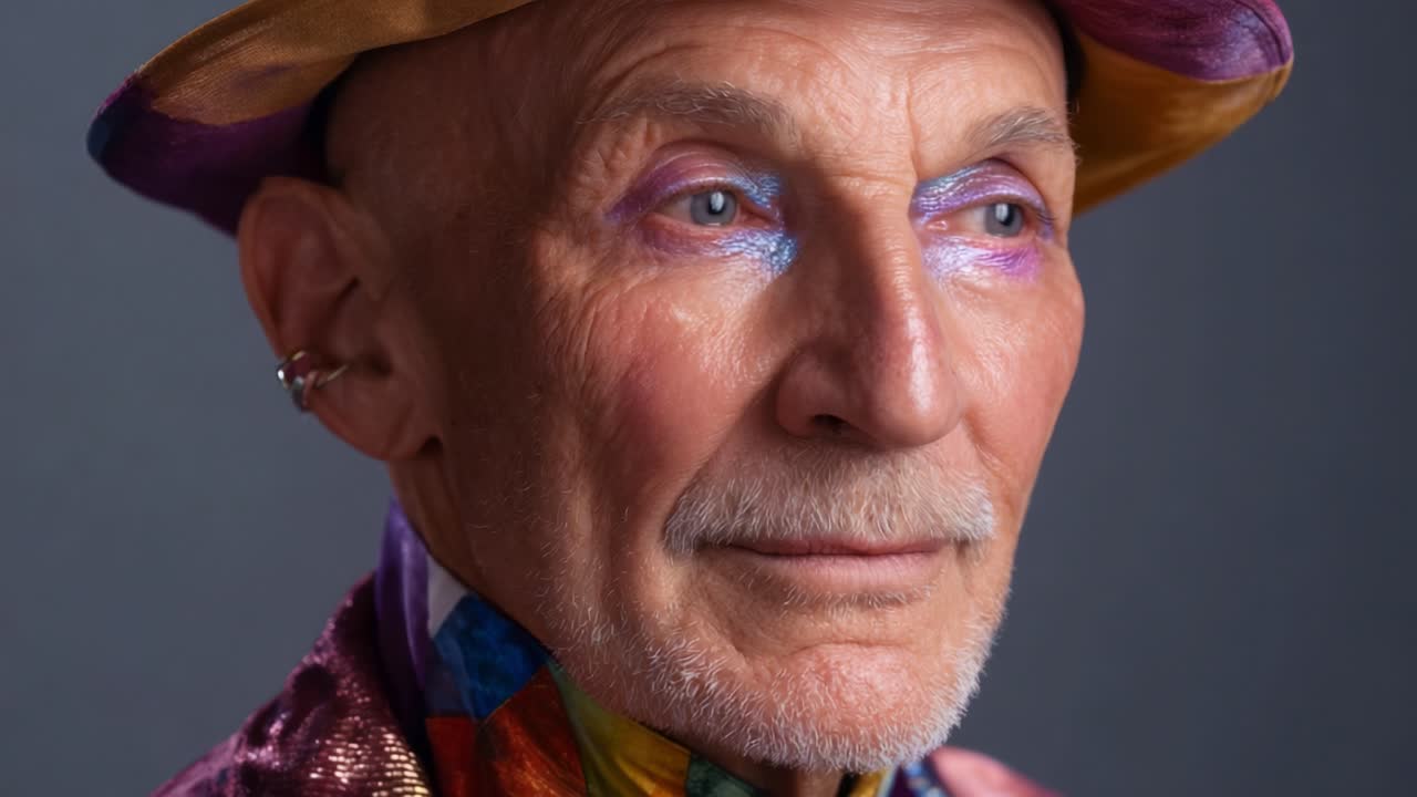 Retrato de una persona mayor con maquillaje vibrante y vestimenta colorida, celebrando la individualidad y la expresión creativa en el estilo personal y la moda
