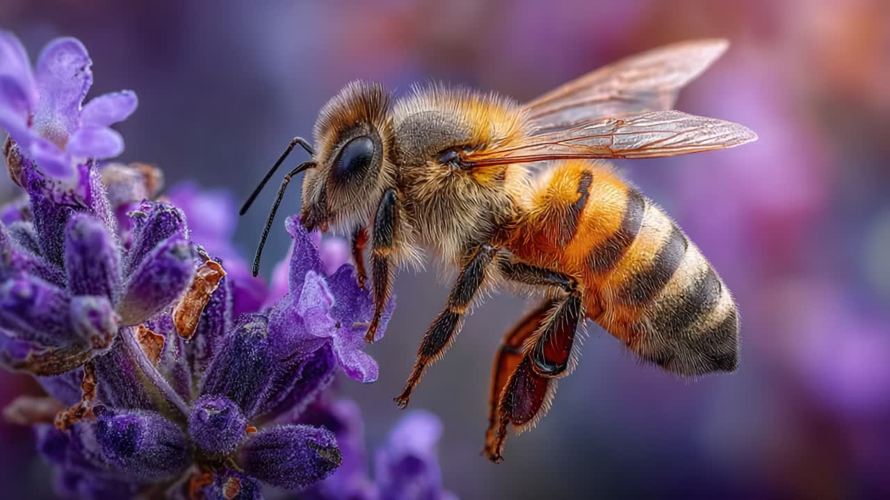 Close-Up of a Honeybee Pollinating Lavandula Flowers: Capturing the Intricate Details of Nature's Laborers in Vibrant Color and Texture