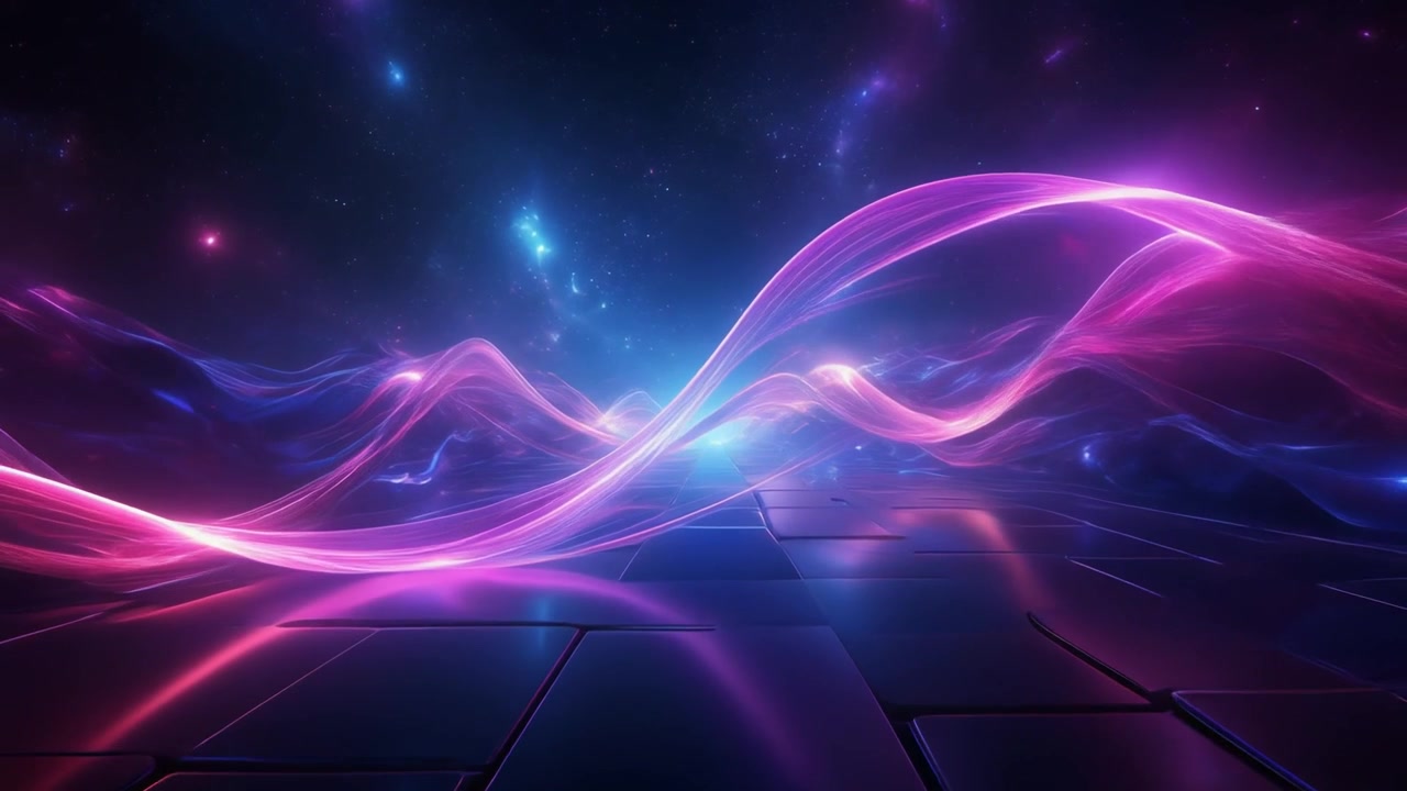 Abstract Neon Light Waves Flowing Over Dark Reflective Surface