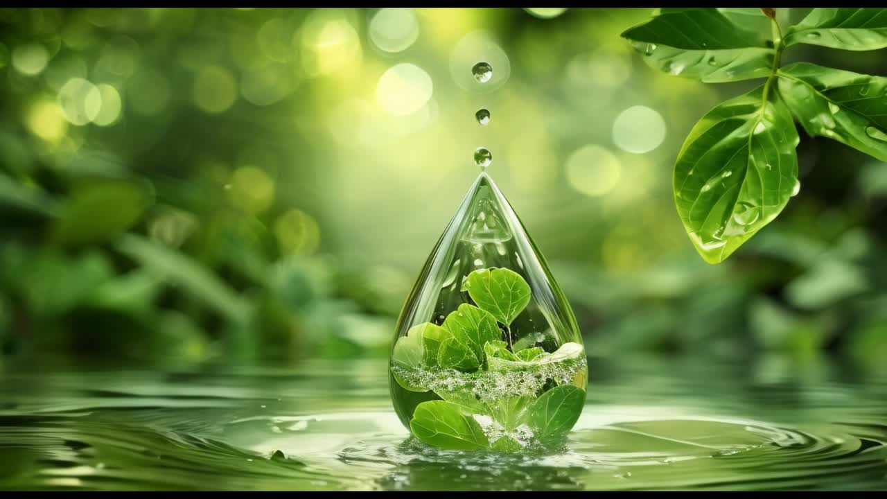 A glass of water with a leaf in it. Save the water, save the planet