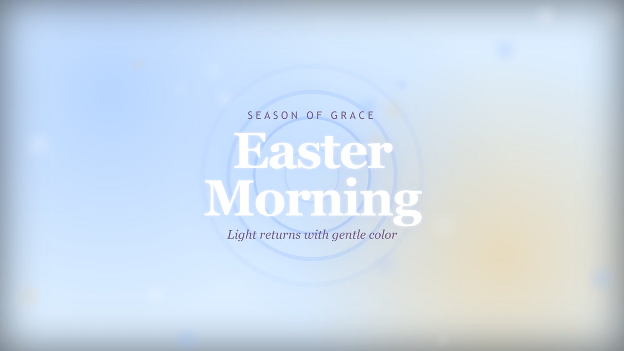 Grafica minimalista per la mattina di Pasqua con uno sfondo bokeh dai colori pastello tenui e un'elegante tipografia serif. Perfetta per annunci della chiesa, introduzioni di sermoni e auguri per le festività primaverili.
