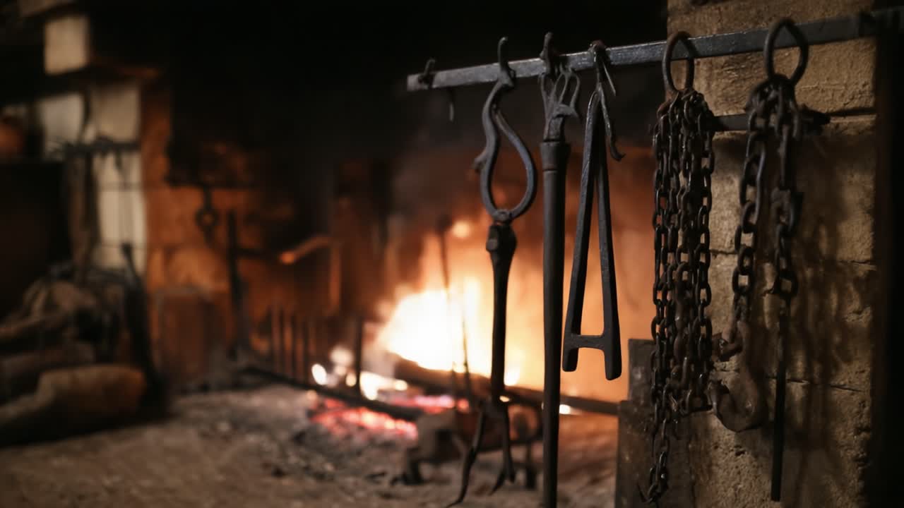 Traditional Fireplace Scene Featuring Various Tools and Implements Hanging Alongside a Glowing Fire, Evoking an Atmosphere of Warmth and Craftsmanship in an Old Setting