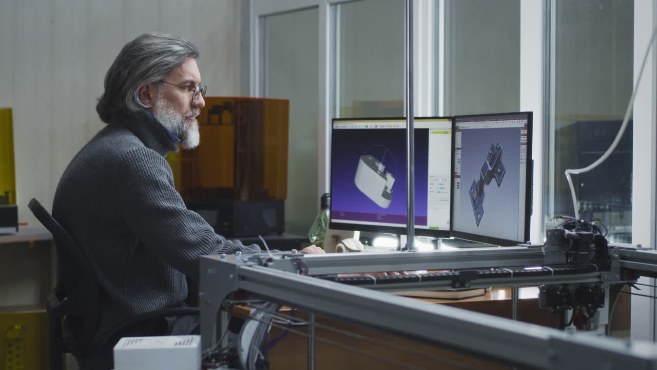 ingeniero senior que trabaja en diseño cad 3d e impresión 3d