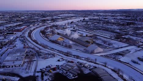 aerial shot of the industrial area in calgary, alberta, during winter