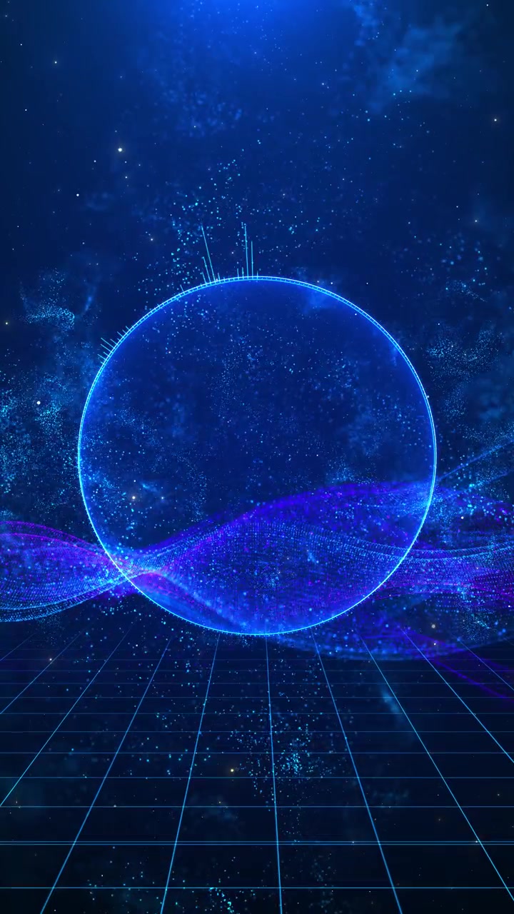 Futuristic blue globe luminous ring flowing mesh waves tiny particles space depth innovation reels