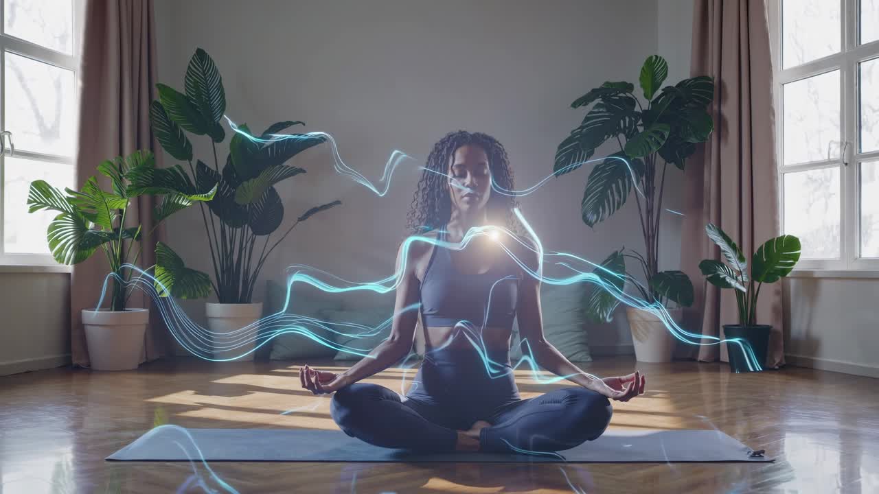 Un video sereno di una donna che medita in una stanza luminosa, ripreso da un'angolazione bassa, con luce digitale
