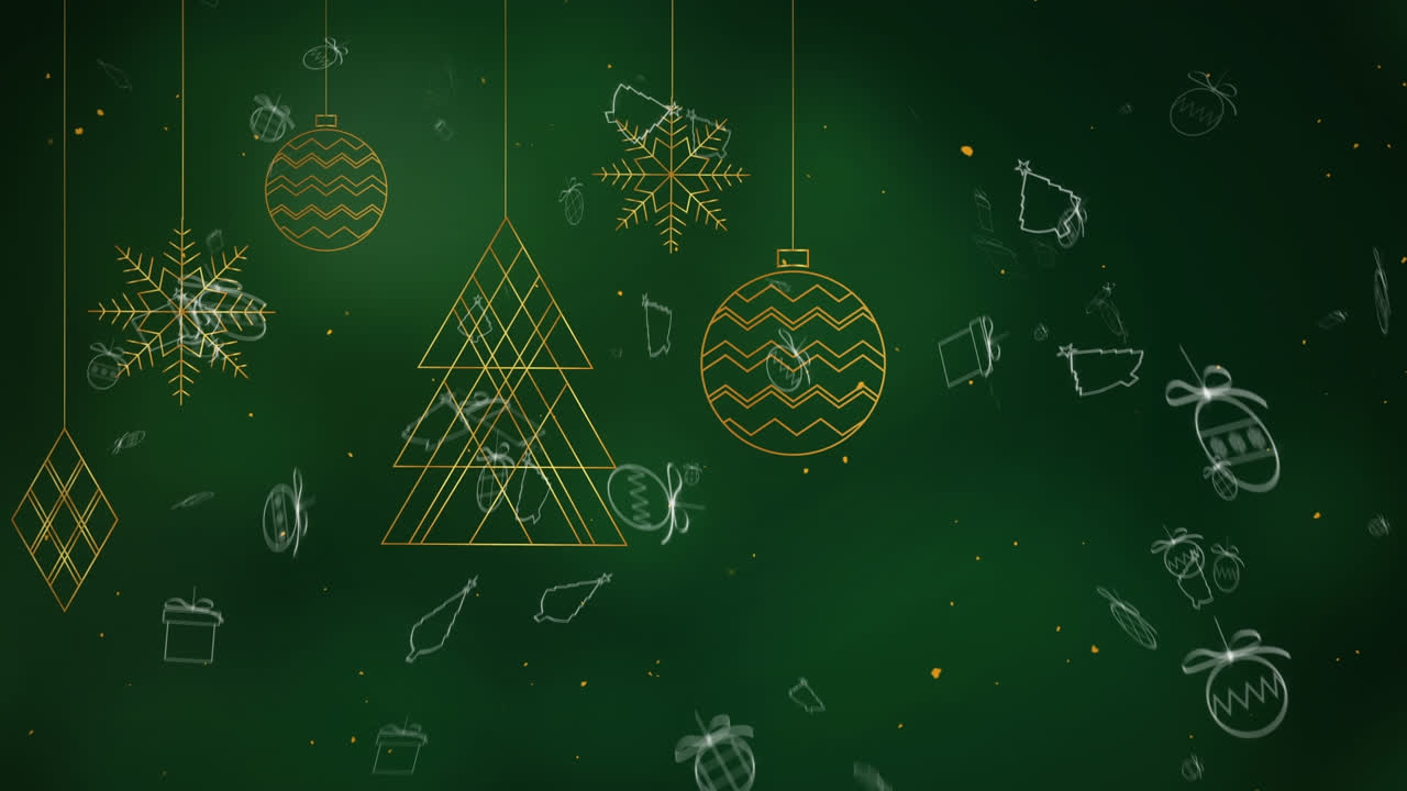 animación de símbolos navideños que caen sobre decoraciones navideñas en fondo verde