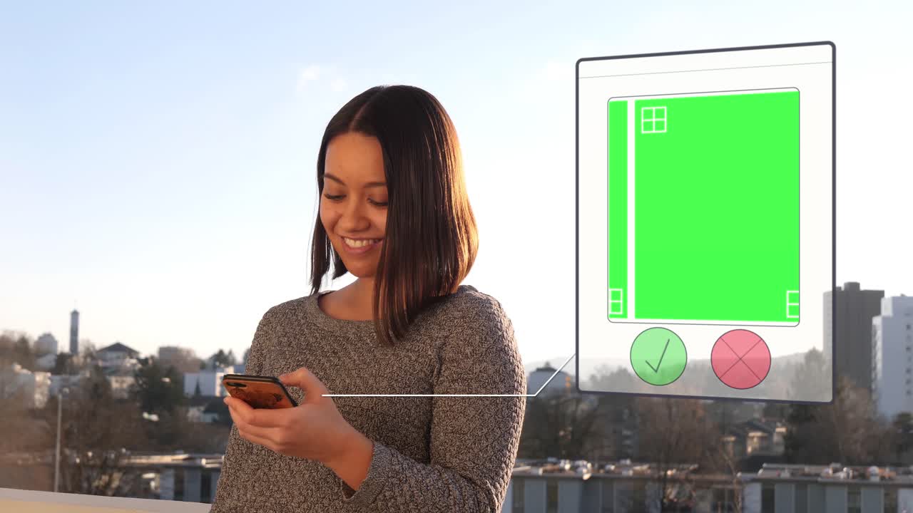 linda chica en un balcón soleado divirtiéndose deslizando el dedo por la aplicación de citas - pantalla verde mate generada digitalmente - marcador de posición