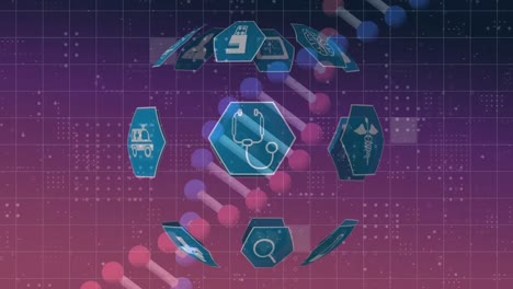 Animation-of-globe-of-network-of-medical-icons,-dna-strand-and-data-processing