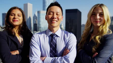 portrait of ethnic business team on chicago rooftop