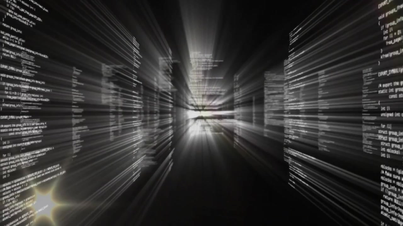 tech code streams driving camera accelerating through code tunnel and emitting star-like flare