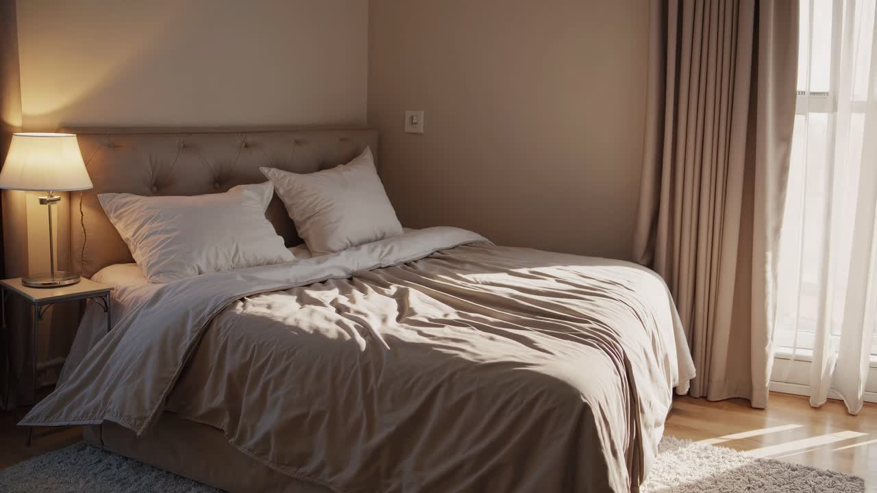 Cozy bedroom with neutral tones, captured from a side angle. Soft lighting creates a warm