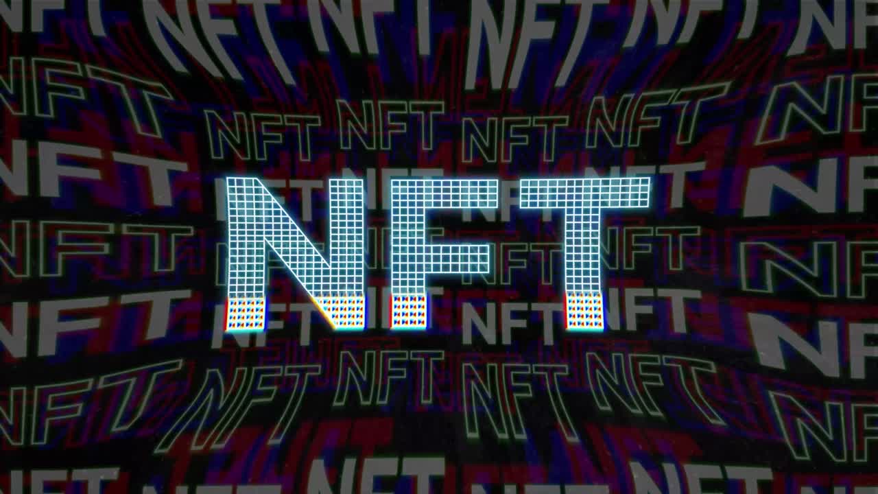 Holographic Neon NFT CryptoaArt Sign 3D Animation. Typography Pattern. NFT Metaverse Concept. Futuristic Background. 4K